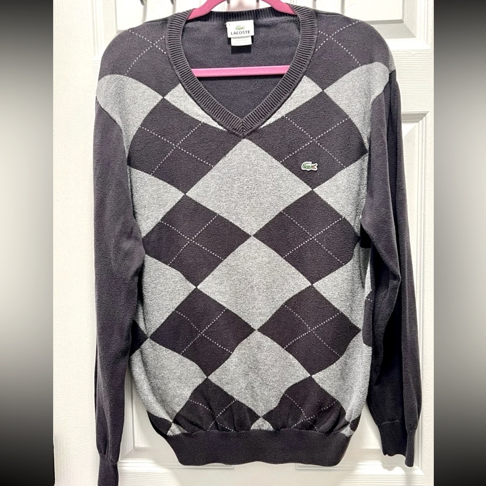 Lacoste Gray Argyle Pullover V Neck Sweater Size 6